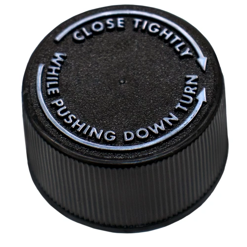 22mm 22-400 Black PP Plastic Child Resistant Cap, Click Lock, Heat Seal Liner for PET/PVC