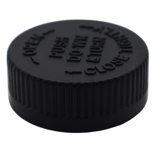 38mm, 38-400 Black PP Plastic Child Resistant Cap w/ Heat Seal Liner for PE,  Embossed Push Down & Turn