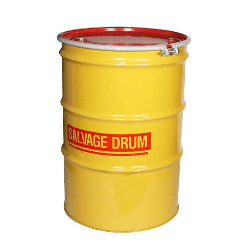 85 Gallon Yellow Steel Open Head Drum, Printed in Red "Salvage", Unlined, Red Cover, w/ 3/4" Tri-Sure®  Fitting, EPDM Gasket, Bolt Ring, UN Rated