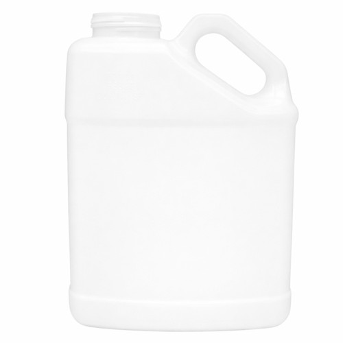 128 oz White HDPE Plastic Squat Slant Handle F-Style Bottle, 38mm 38-400, 145 Gram