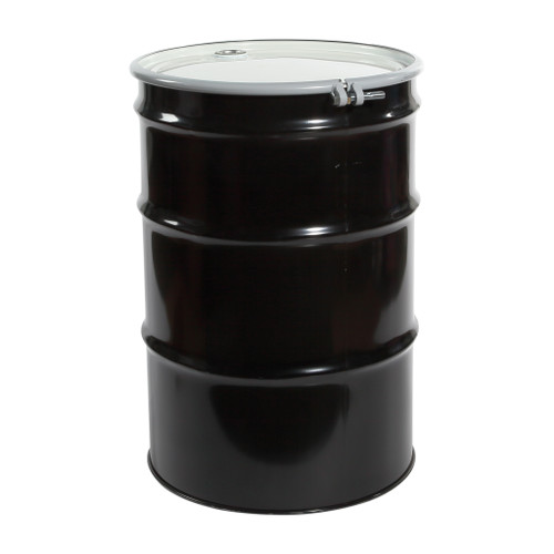 55 Gallon Black Steel Open Head Drum, White Cover w/ Low Density Gasket, 2" and 3/4" Fittings, Poly Irradiated Gasket, Unlined, UN Rated