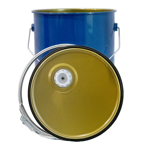 5 Gallon Blue Straight Sided Open Head Steel Pail, Phenolic Lined, Blue Cover, Neoprene Gasket, No Bead, Steel Lever Lock Ring, UN Rated