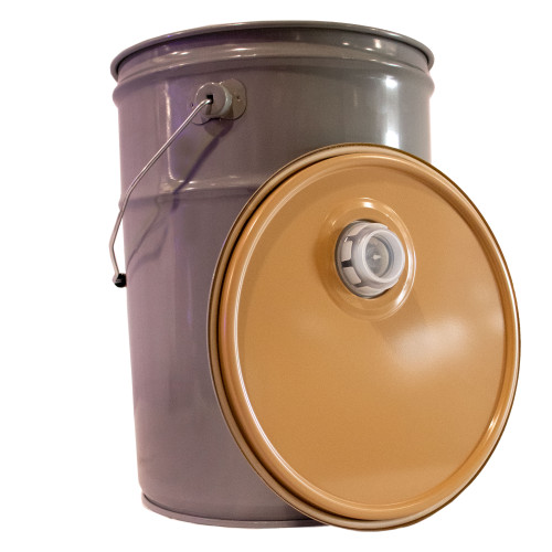 6 Gallon Gray Steel Open Head Pail, Buff Epoxy Lining, w/ CWL, 5" Double Bead, Ring Seal Cover, Rieke Fitting, White Tube Gasket, Lever Lock Ring, Covers in Carton