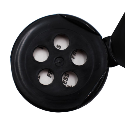 48mm Black PP Plastic Spice Cap, 5.30" Orifice, Heat Seal Liner w/ "Sealed for Freshness"