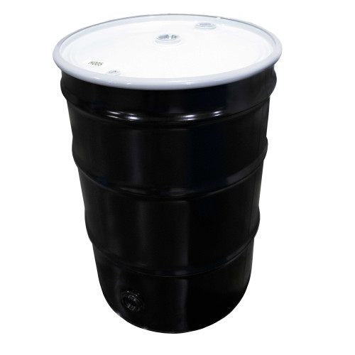 55 Gallon Black Steel Open Head Drum w/ White Cover, Buff Epoxy Lining, 2" x 3/4" Fittings, & 2" Bottom Drain Bolt Ring, UN Rated