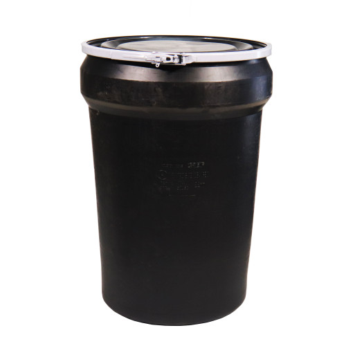 30 Gallon Black Plastic Open Head Nestable Drum, Plain Black Cover, Lever Lock Ring, UN Rated