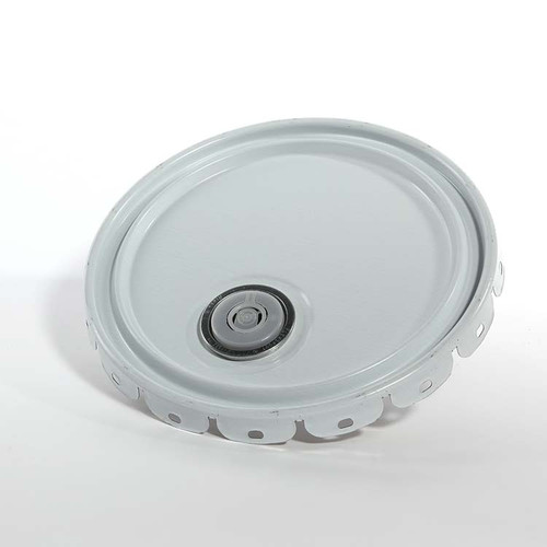 2.5-7 Gallon White Steel Lug Pail Cover, Rieke Fitting, Flow in Gasket, UN