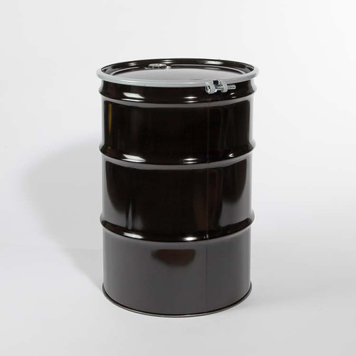 55 Gallon Steel Black Open Head Drum, Epoxy Phenolic Lining, Black Cover, EPDM Gasket,  2" & 3/4" Fittings, EPDM Gasket, Bolt Ring, UN Rated
