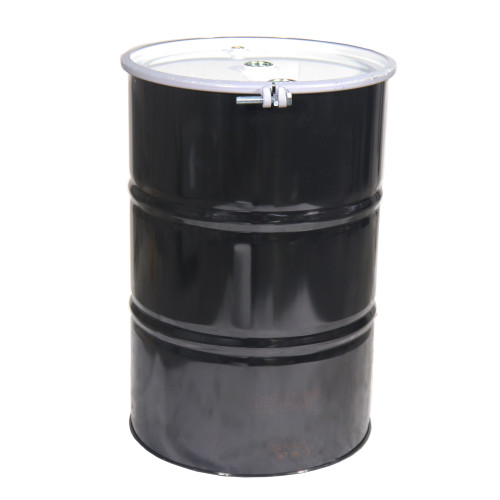55 Gallon Black Steel Open Head Drum, White Cover, Unlined, w/ 2" & 3/4" Fit, 2" In Center, Bolt Ring, UN Rated