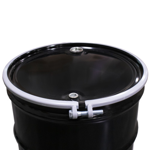 55 Gallon Black Steel Open Head Drum, Red Phenolic Lining, w/ Black Cover w/ Low Density Gasket, 2" x 3/4" Fitting, Poly Irradiated Gasket, UN Rated