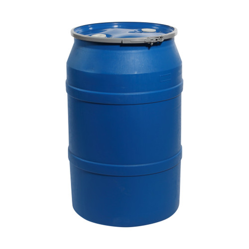 55 Gallon Blue Plastic Open Head Drum with 2" and 2" Fittings, Lever Lock Ring, UN Rated