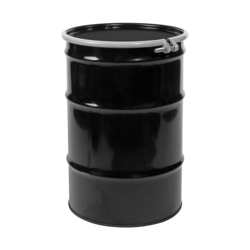 30 Gallon Black Steel Open Head Drum, Black Cover, Buff Epoxy Phenolic Lining w/ EPDM Gasket, 2" and 3/4" Fittings, Bolt Ring, UN Rated