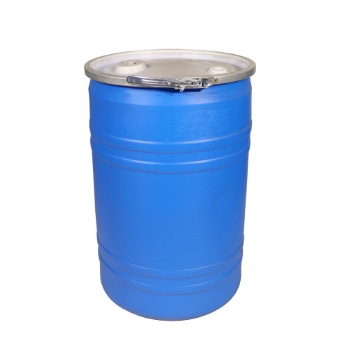 30 Gallon Blue Plastic Straight Sided Open Head Drum, Flat Natural Cover, 2" Buttress & 3/4" NPT Fittings, Lever Lock Ring, UN Rated