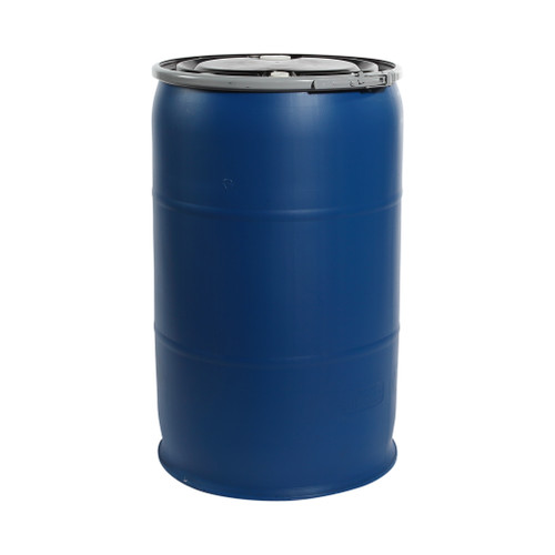57 Gallon Blue PCR Plastic Open Head Drum, Black Cover, 2" & 3/4" Fittings, Lever Lock Ring, UN Rated