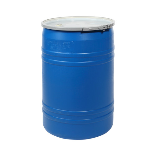 30 Gallon Blue Plastic Open Head Straight Side Drum, Natural Cover, 3/4" Fittings, EPDM Gasket, Lever Lock Ring, Urethane Cover Gasket, UN Rated