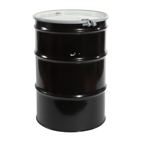 55 Gallon Black Steel Open Head Drum, Brown Phenolic Lined, White Cover, Low Density Cover, 2" and 3/4" Rieke Fittings, Poly Irradiated, Bolt Ring, UN Rated