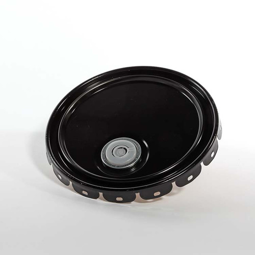 2.5-7 Gallon Black Steel Lug Cover, Buff Epoxy Phenolic Lining, Rieke Fitting, Flow in Gasket, 24 Gauge, UN Rated