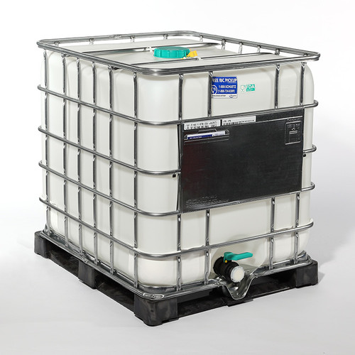 275 Gallon New IBC Tote, Natural Bottle, with 6" Green Cap, Dust Cap, 2" Ball Valve w/ EPDM Gasket, Metal Cage, Poly Pallet, 2 Label Plates, UN Rated