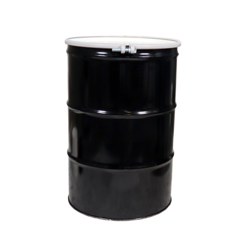 55 Gallon Black Steel Used Open Head Drum, Reconditioned, Mixed Fittings & Linings, Bolt Ring, UN Rated