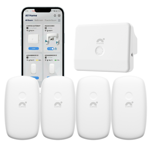 Smart Water Sensor & Gateway Bundle, Battery Operated, 4 Pack , SMS/Text/, Call, Email & Push Notification