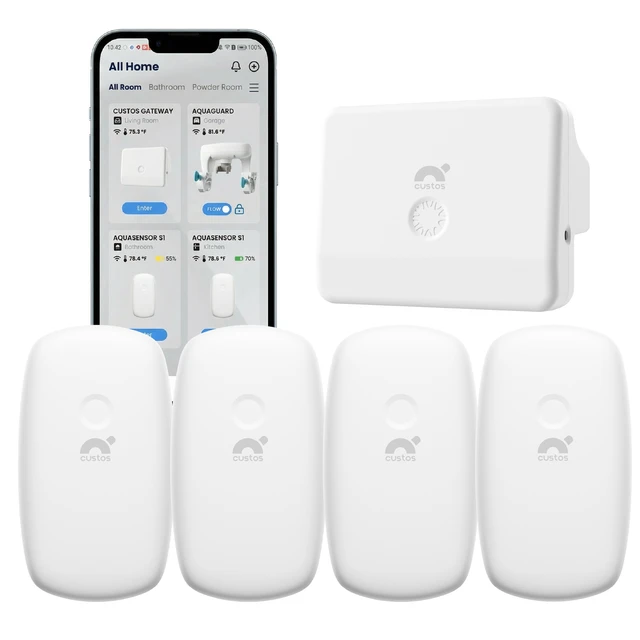 Custos Smart Water Sensor and Gateway Bundle, 4 pack