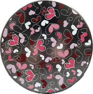 Half gallon tin of gourmet popcorn with small hearts that are pink, red, and white in color