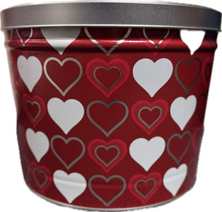 Gourmet popcorn tin with red and white hearts
