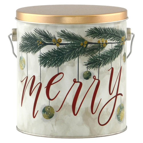 1 Gallon holiday tin with words 'merry' of gourmet popcorn with Gourmet Popcorn from Great Lakes Popcorn Co.
