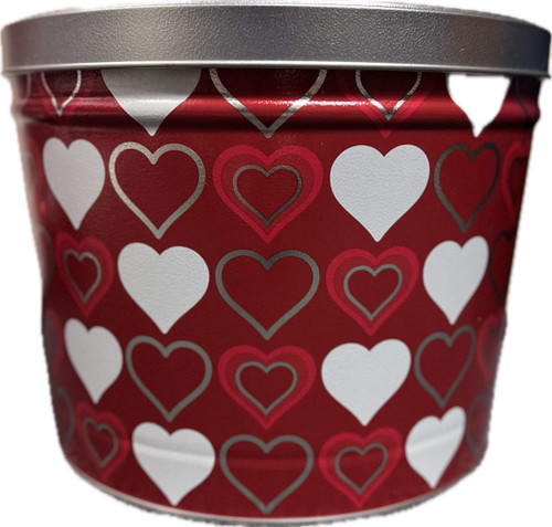 Gourmet popcorn tin with red and white hearts