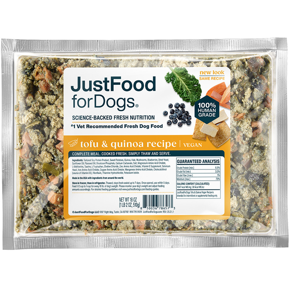 JustFoodForDogs Tofu & Quinoa Vegan Recipe Frozen Cooked Dog Food