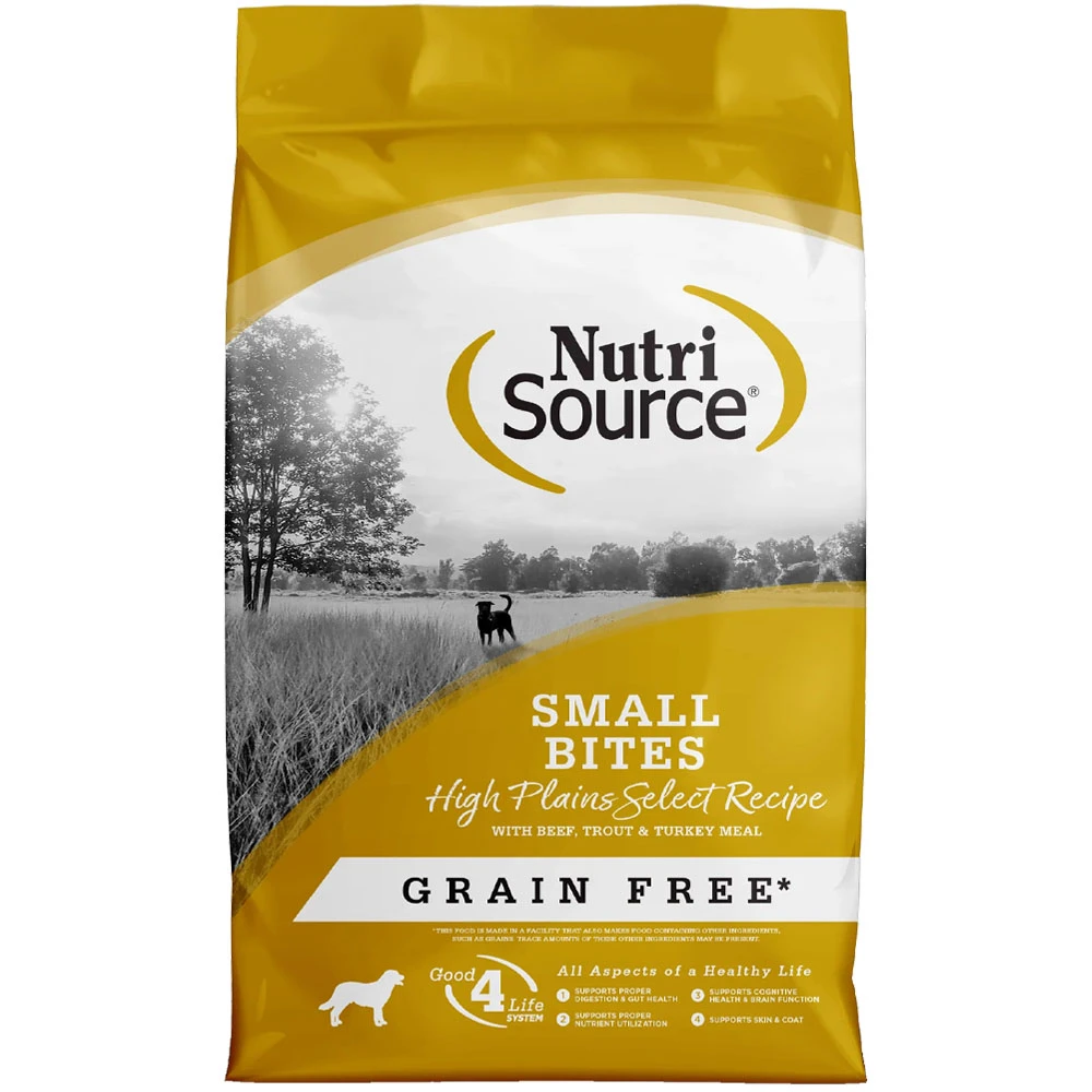 NutriSource Small Bites High Plains Select Recipe w/ Beef, Trout & Turkey Meal Grain Free Dry Dog Food - Front