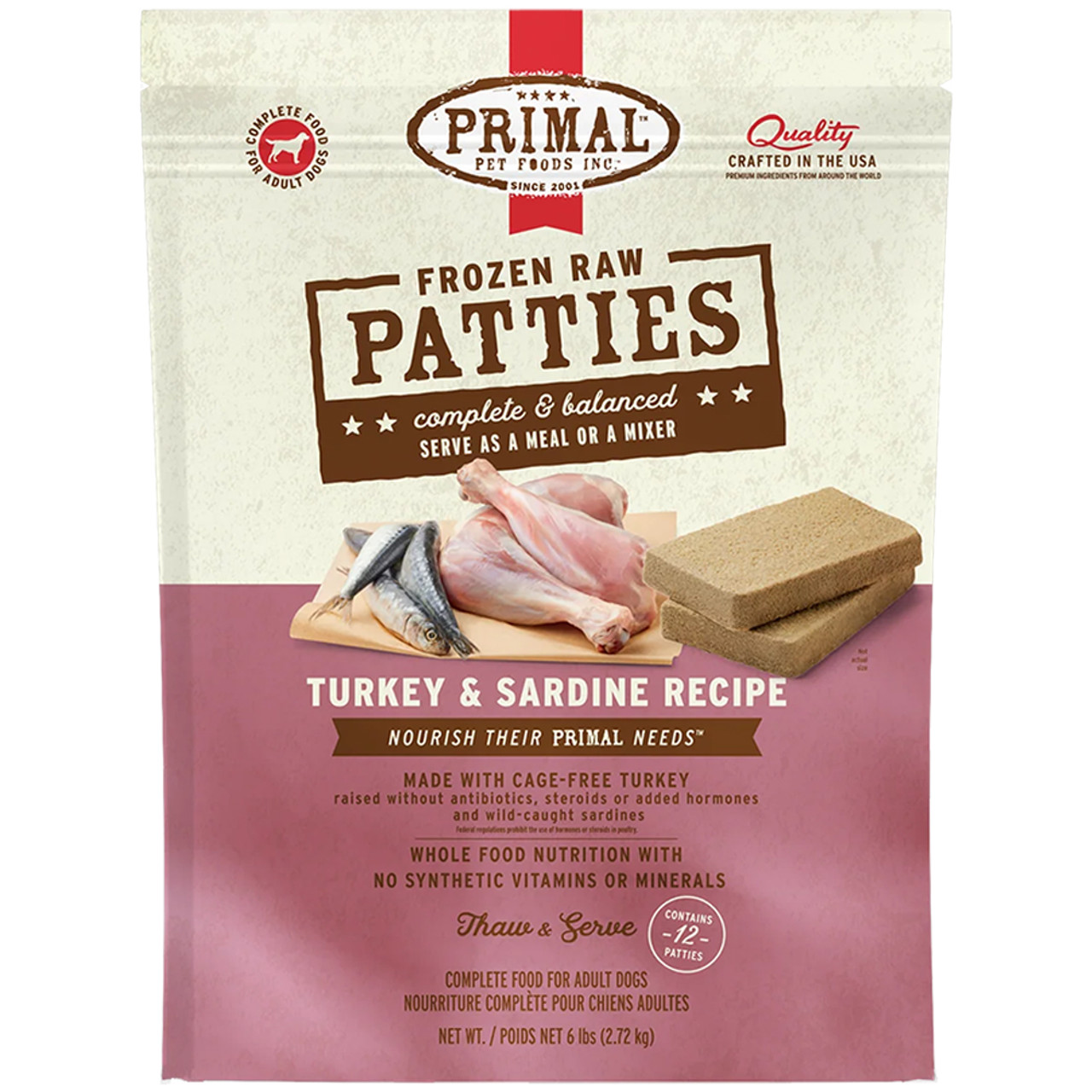 Primal Raw Frozen Canine Patties Turkey & Sardine Formula Dog Food