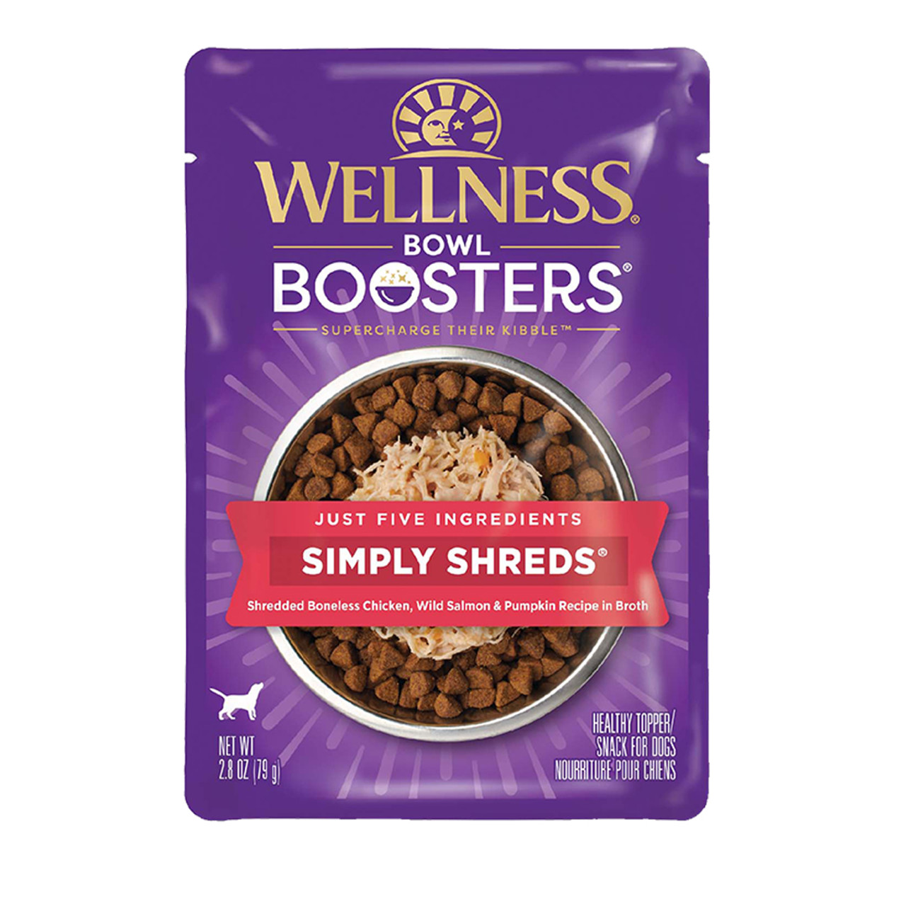 Wellness Bowl Boosters Simply Shreds Boneless Chicken, Wild Salmon & Pumpkin Recipe in Broth Dog Food Topper - Front