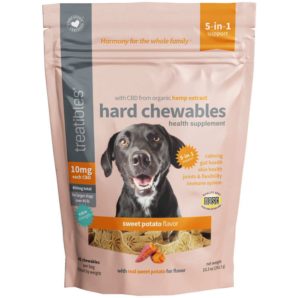Treatibles 10mg CBD Hemp Extract Extra Strength Sweet Potato Flavor Hard Chews for Large Dogs (over 40 lbs.) - Front