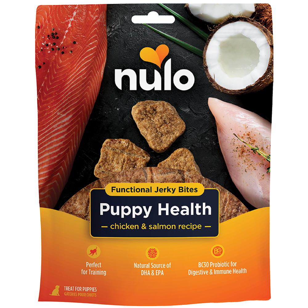Nulo Puppy Health Chicken & Salmon Recipe Functional Jerky Bite Dog Treats - Front