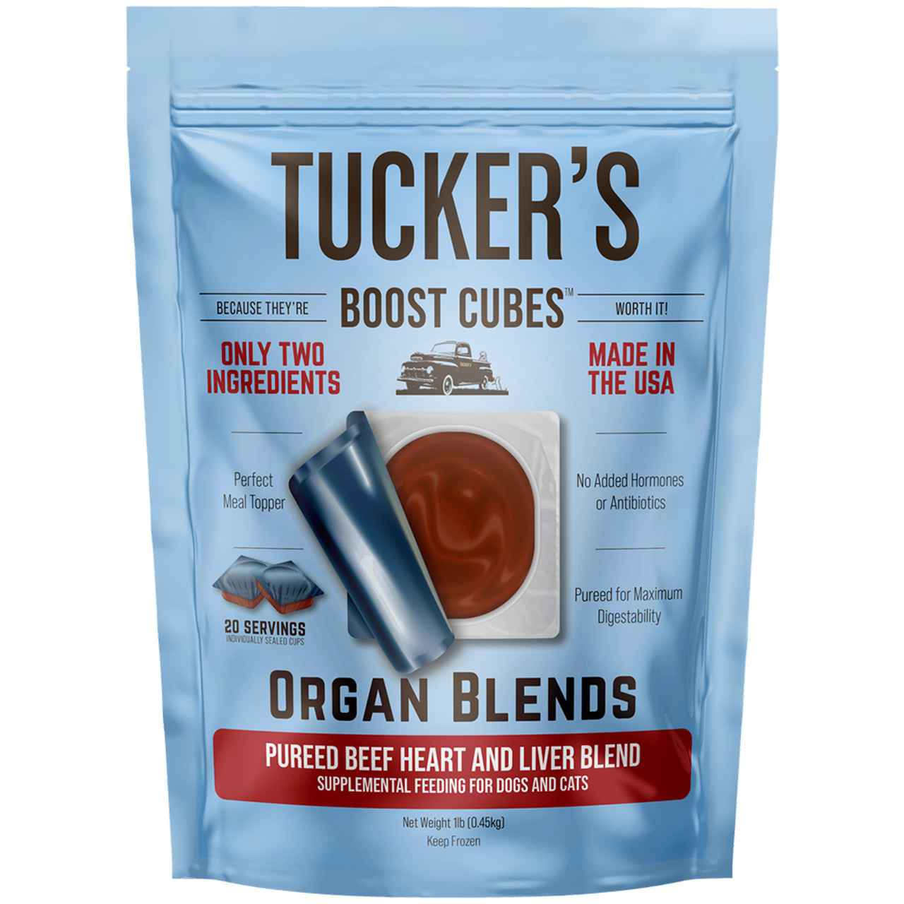 Tucker's Boost Cubes Organ Blends Pureed Beef Heart & Liver Blend Frozen Dog & Cat Meal Topper - Front