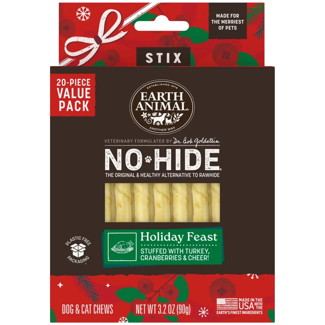Earth Animal Dr. Bob Goldstein’s No-Hide Holiday Feast Stix Dog & Cat Chew Treats - Front