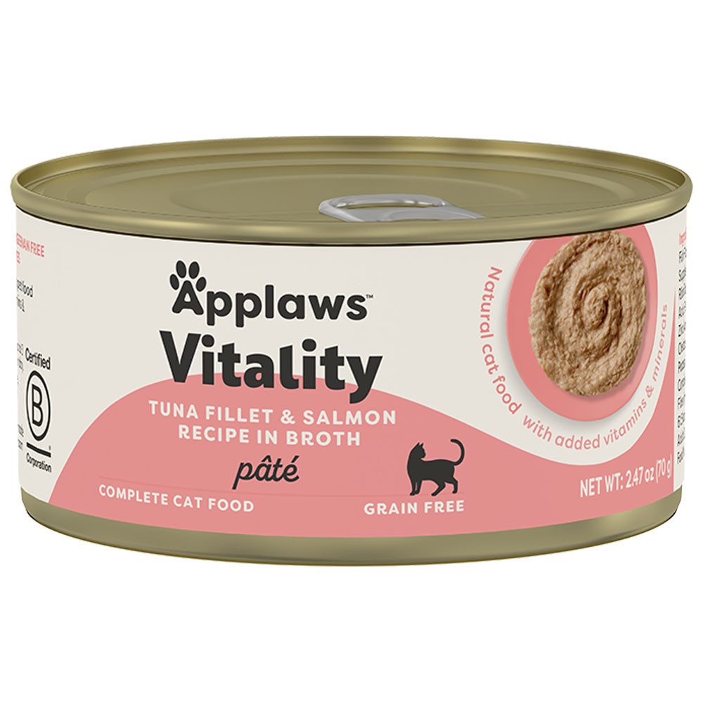 Applaws Vitality Tuna Fillet & Salmon Recipe in Broth Pâté Canned Cat Food - Front, 2.47 oz can