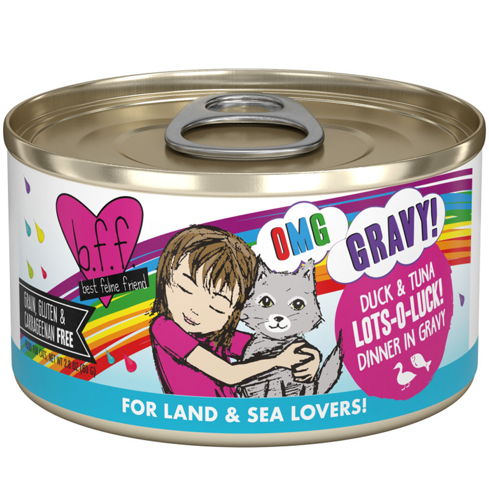 Weruva BFF OMG Gravy! Duck & Tuna Lots-O-Luck! Dinner in Gravy Canned Cat Food - Front, 2.8 oz