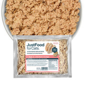 JustFoodForCats Fish & Chicken Recipe Frozen Cooked Cat Food - Front/ Food