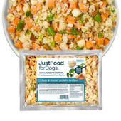 JustFoodForDogs Fish & Sweet Potato Recipe Frozen Cooked Dog Food - Front/ Food