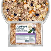 JustFoodforDogs Lamb & Brown Rice Recipe Frozen Cooked Dog Food - Front/ Food