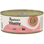 Applaws Vitality Tuna Fillet & Salmon Recipe in Broth Pâté Canned Cat Food - Front, 5.5 oz can