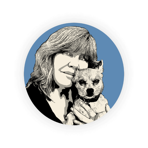 Drawing of Pet Expert Angela H. holding her dog