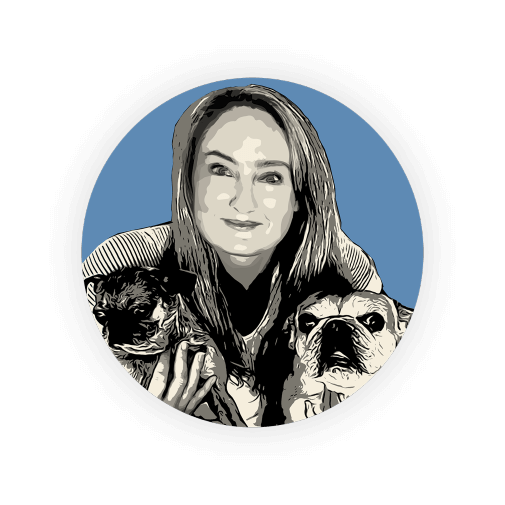 Drawing of Pet Expert Lindsey J. holding her two dogs