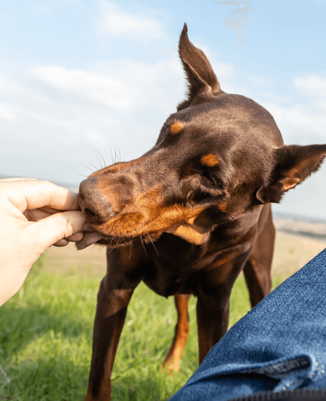 Dog takes treat from hand