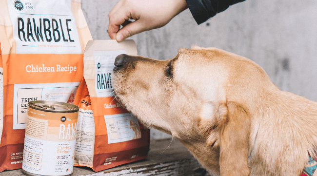 Dog sniffing Bixbi rawbble products