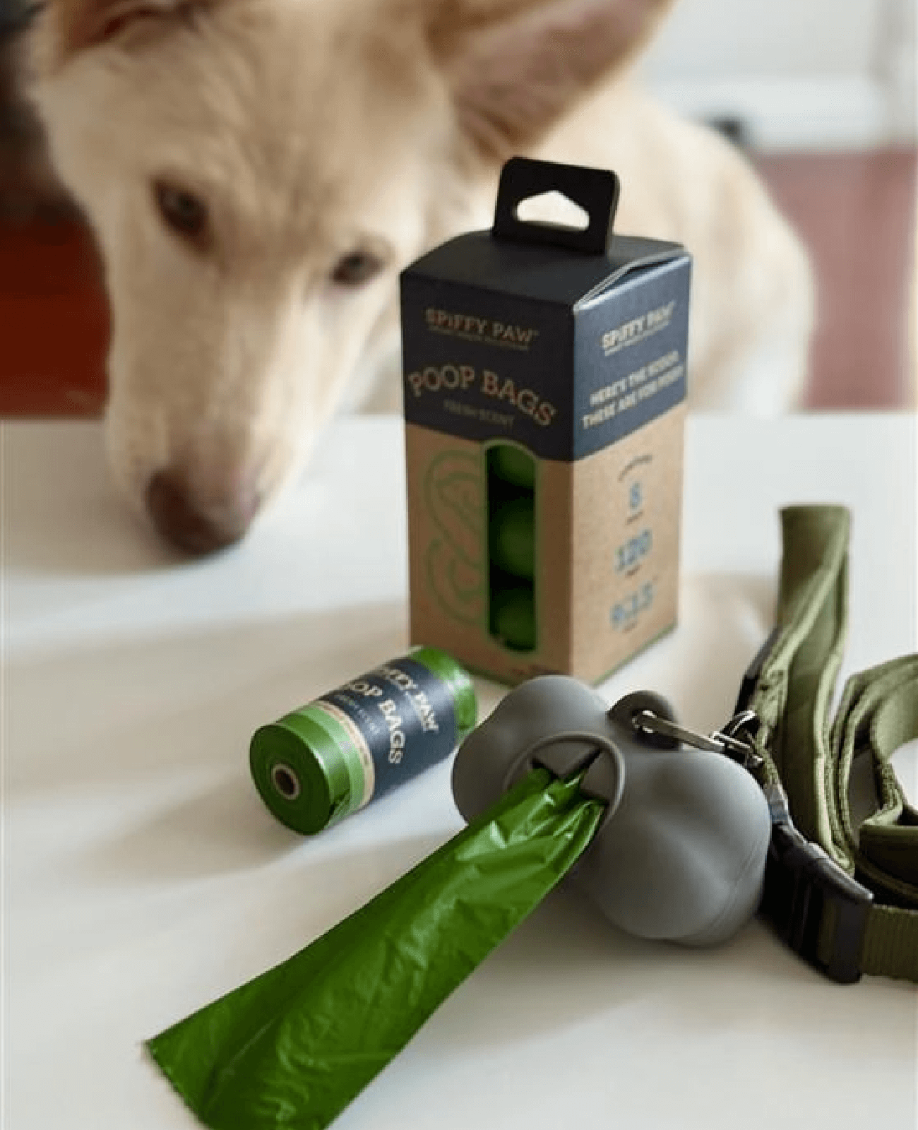 Dog eyes package of Spiffy Paw brand poop bags