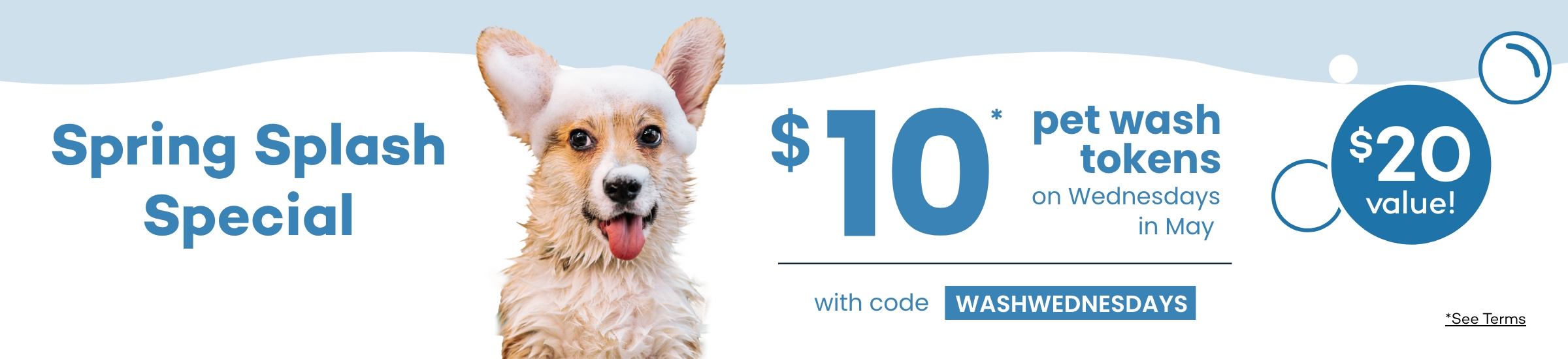 Spring Splash Special. $10* pet wash tokens on Wednesdays in May. $20 value! With code WASHWEDNESDAYS. Click to See Terms.
