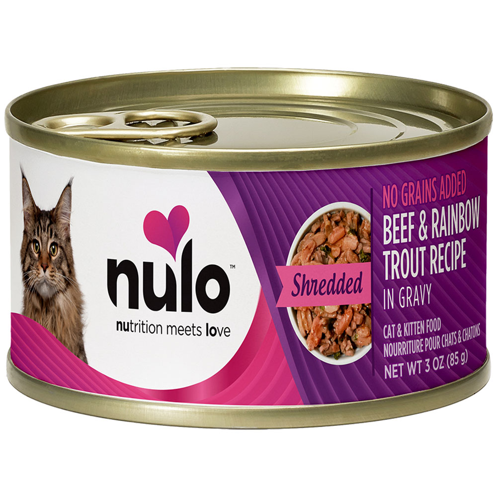 Nulo Shredded Beef & Rainbow Trout Recipe In Gravy Kitten & Adult Canned Cat Food - Front